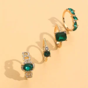 4 peças Anel Decoração de strass e pedra verde