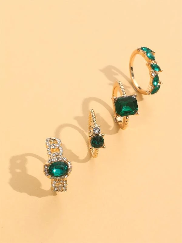 4 peças Anel Decoração de strass e pedra verde